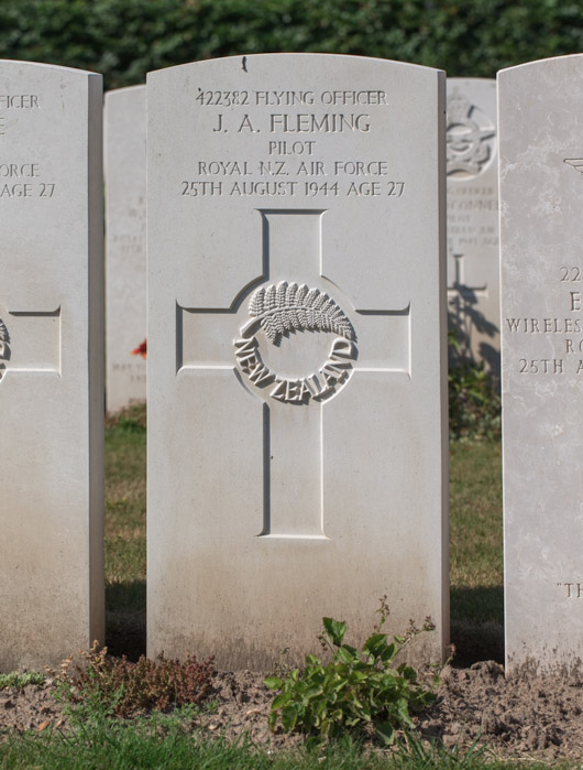 A view towards a Grave marker 8.K.8-10 of Fleming James Allan at the Rheinberg War Cemetery in Germany 