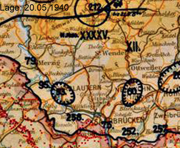 Photo credit: to http://www.lexikon-der-wehrmacht.de/Gliederungen/Korps/Karte/XII0540-3.jpg, Situation map dated 20.May.1940, showing the location of the respective Infantry Division of the  German Wehrmacht including the 95th. Inf. Div.