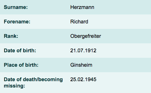 A view of from the statistical datasheet of Herzmann Richard, ✞ Final gravesite:  Block 2 Row 6 Grave 14. 