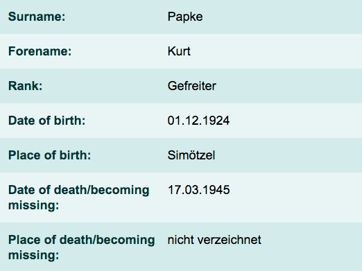 A view of from the statistical datasheet of Papke Kurt, ✞ Final gravesite:  Block 1 Row 9 Grave 18.