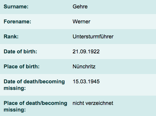  Photo credit: to volksbund.de/en/graebersuche,  A view from the statistical datasheet of Gehre, ✞ Final gravesite: Block 1 Row 3 Grave 2. A view from the statistical datasheet of Gehre, ✞ Final gravesite: Block 1 Row 3 Grave 2.